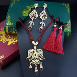 Sunspicems Crystal Arabic Women Rope Pendant Necklace Long Tassels Earring Gold Color Morocco Eagle Choker Bride Jewelry Sets