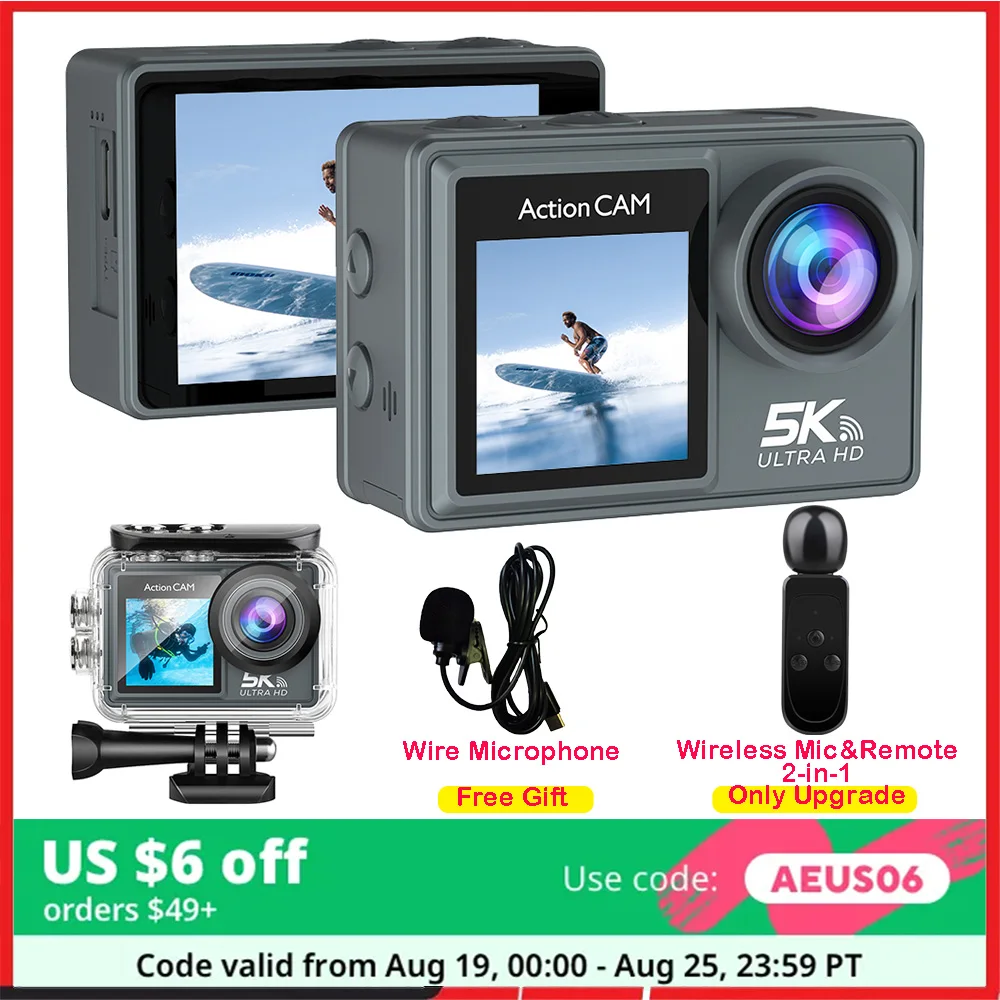 

5K 4K60FPS Action Camera Dual IPS Touch LCD DVR EIS 170° 30M Waterproof 5X Zoom Sport Camera With Wireless Mic&Remote Control