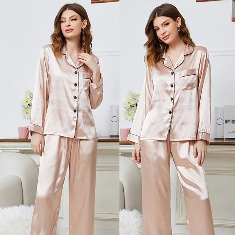 

2Pcs Women Lapel Shirt Pant Pajamas Sets Sleepwear Long Sleeves Sleep Suit Ice Silk Home Clothes 2Pcs Homewear Cardigan