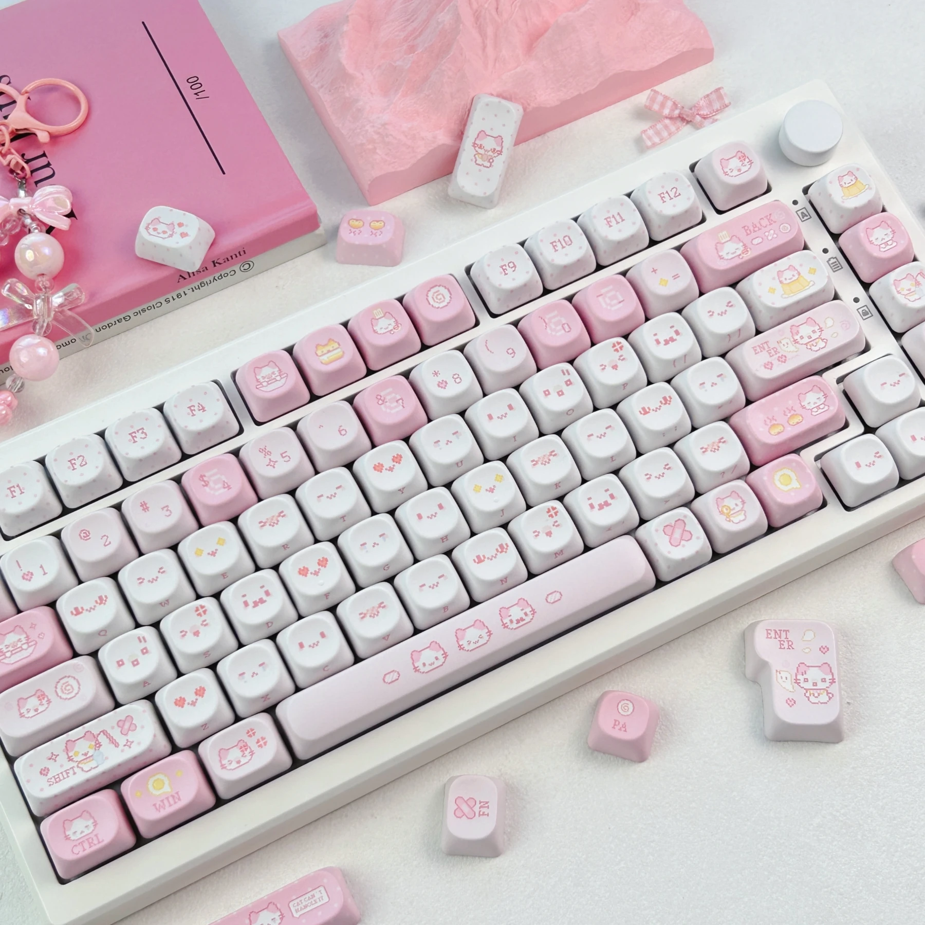 MAIMOOO Cotton Candy Cat Keycap MOA Profile PBT Custom Pixel Style Cute Pink Russian/Korean/Thai Keycaps for Mechanical Keyboard