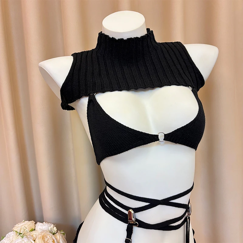 SENMHS новый оригинальный сексуальный готический бикини с подвязками, свитер для косплея, соблазнительное нижнее белье, женское боди, носки, костюм черного цвета
