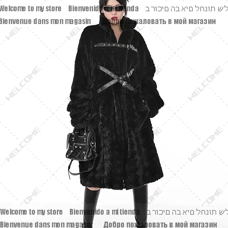 Winter Women Stand Collar Punk Style Fluffy Jacket Cool Long Loose Casual Soft Thick Warm Black Fuzzy Faux Fur Coat