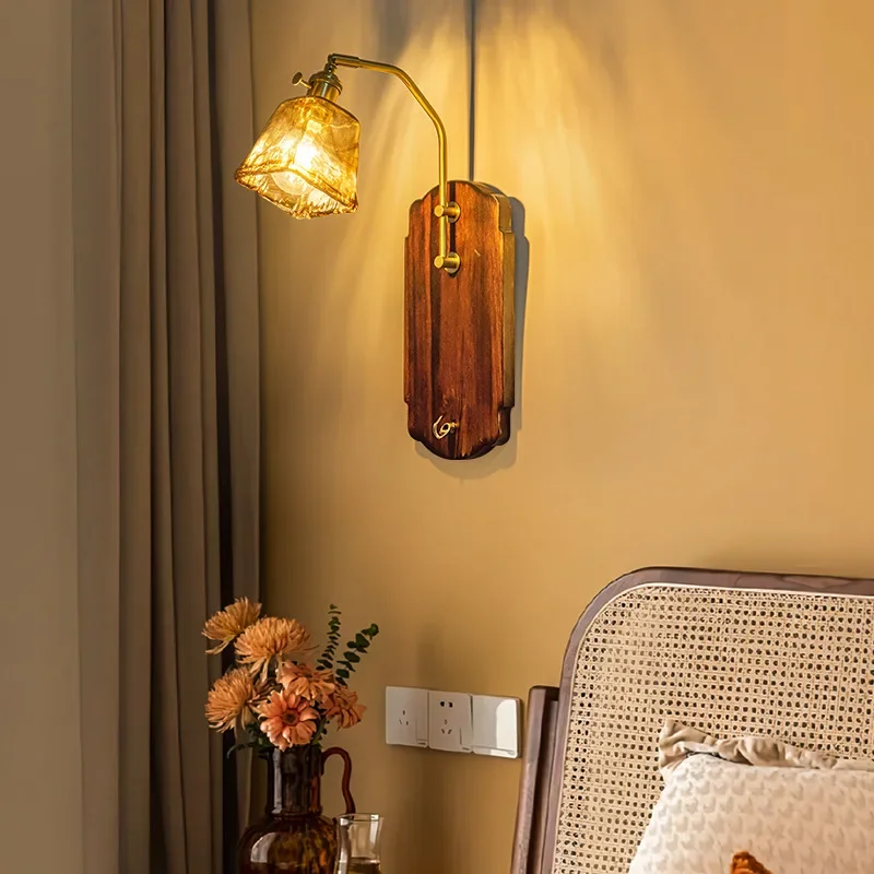 French retro wood wall lamp, literary walnut color bed and breakfast background wall study bedside