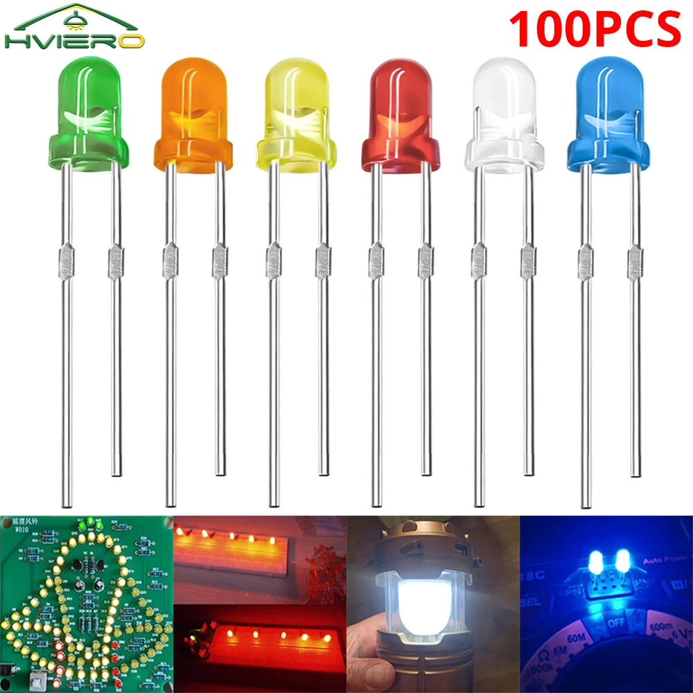 100PCS 3mm Ball Bulb Led White Green Yellow Blue Red Orange Ultra Bright Light Emitting Diode Round Head with Edge Short Feet