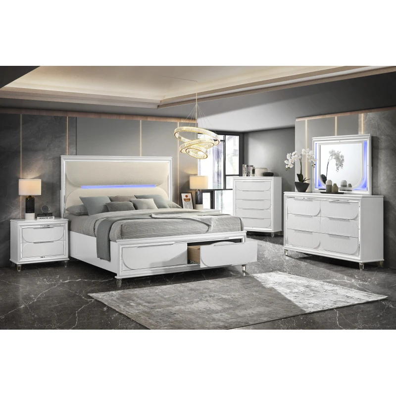 Tarian Queen size bed with storage drawers and LED lights, pearl white finish, adult and adolescent double beds, single beds