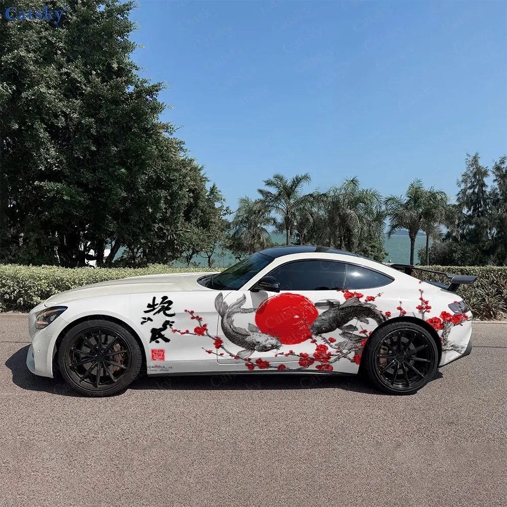 2pcs Ink Wash Koi Red Plum Red Sun Car Side Wraps, Self-Adhesive PVC Waterproof & Scratch-Resistant Stickers, Car Accessory Gift