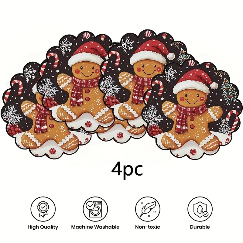 VIKAMA 4PC Christmas Gingerbread Man Meal Mat Red Scarf Snowflake Candy Stick Dining Table Restaurant Christmas Decoration