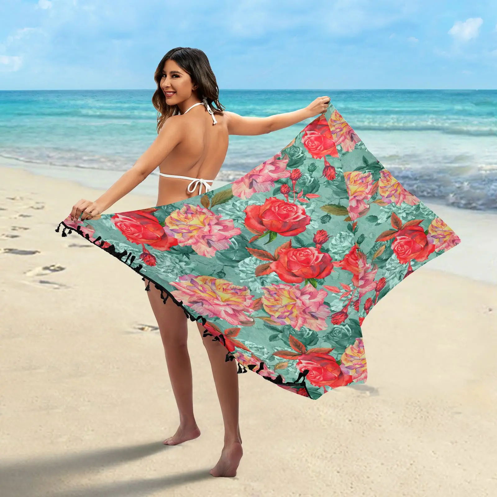 

Elegant Rose Flowers Print Swimwear Beach Cover Up For Women Cotton Pareo Sarong Scarf Bikini Bathing Wrap Dress With Tassels