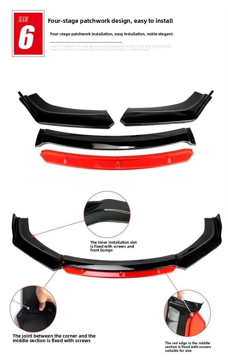 Vierteiliger Universeller Auto-Diffusor Frontlippe Frontspoiler Auto-Karosserie-Kit Schwarz&Rot Frontspoiler – Detail 16