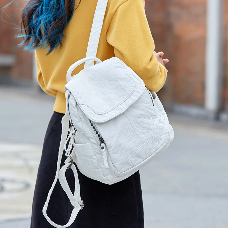 Mochila De Cuero lavado blanco para mujer, mochilas escolares pequeñas para niñas adolescentes, bolsa de viaje informal que combina con todo