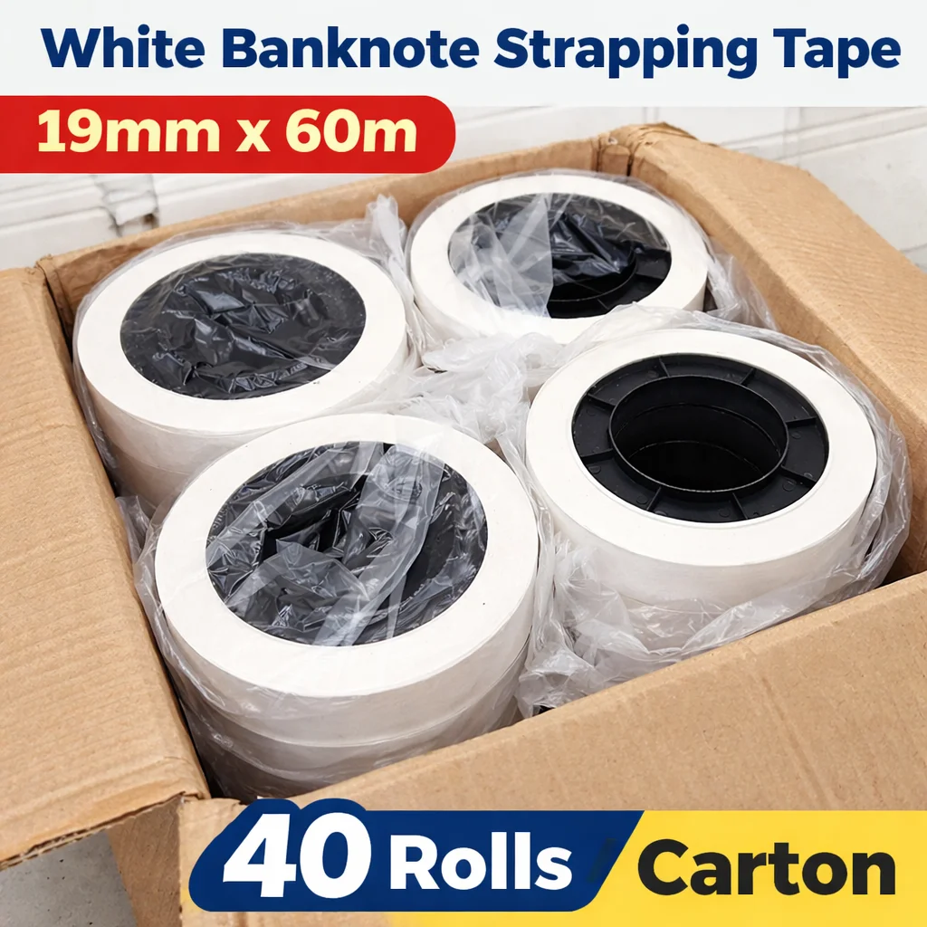 White Banknote Strapping Tape 19mm Width Kraft Paper Currency Bundle Tape Roll – 40 Rolls/Carton