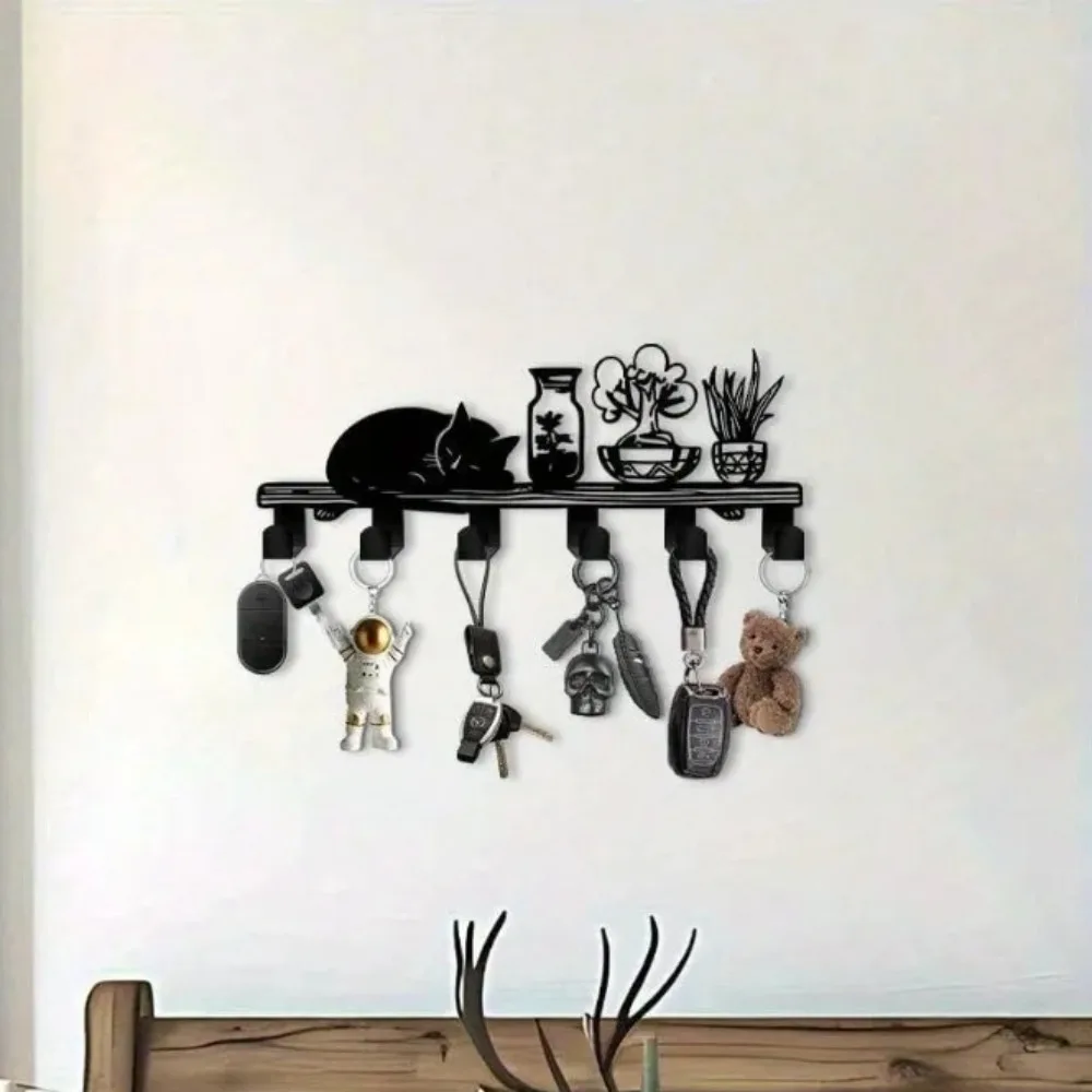 Metal Cat Key Holder Wall Mounted – Heavy Duty Entryway Organizer with Storage Shelf for Keys, Hats & Coats, Decorative Metal Ra