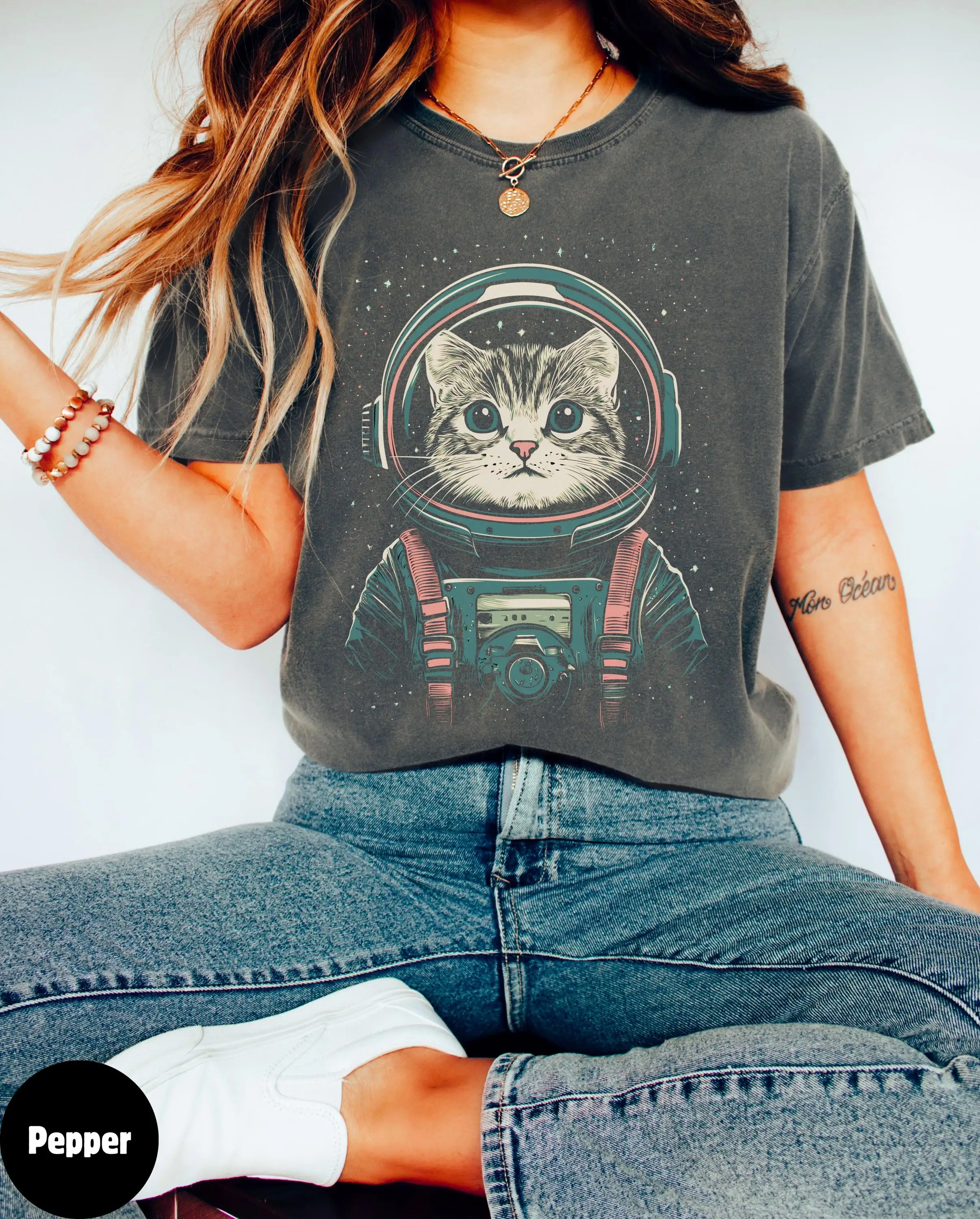 

Plus Size Summer Women's Vintage Space Cat Pattern T-Shirt Cotton Breathable Stylish Versatile Street Style Oversized