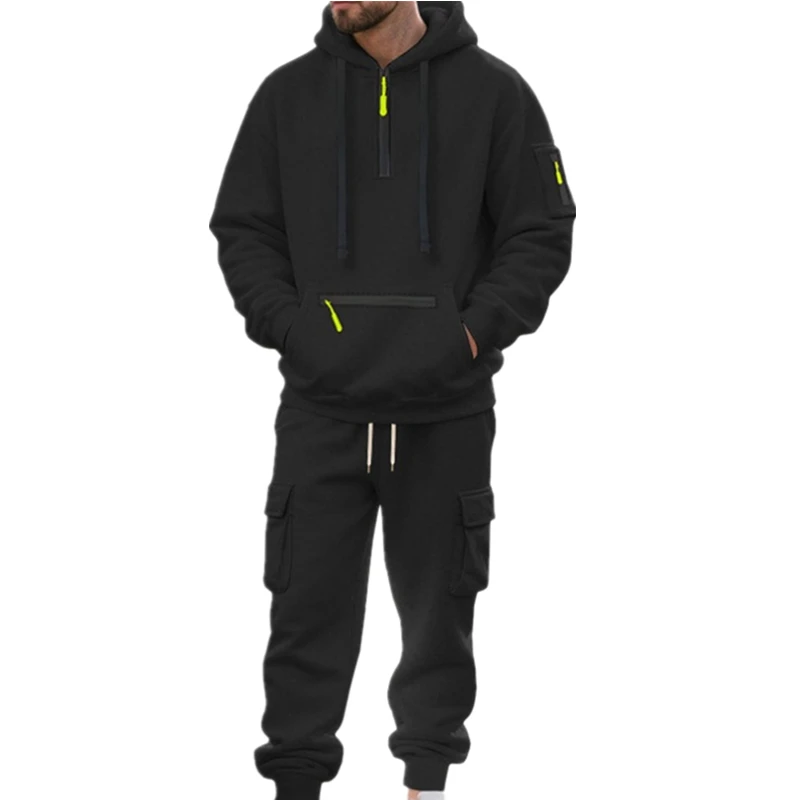 

Новый модный мужской спортивный комплект: толстовка с несколькими карманами и молнией до середины груди