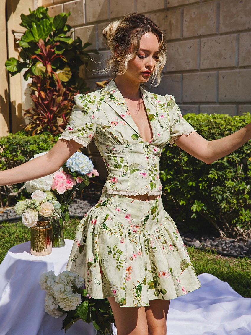 Marthaqiqi Casual Ladies Pajama Suit Crop Top Sleepwear Short Sleeve Nightie Sexy Turn-Down Collar Nightwear Skirts Pyjamas Set