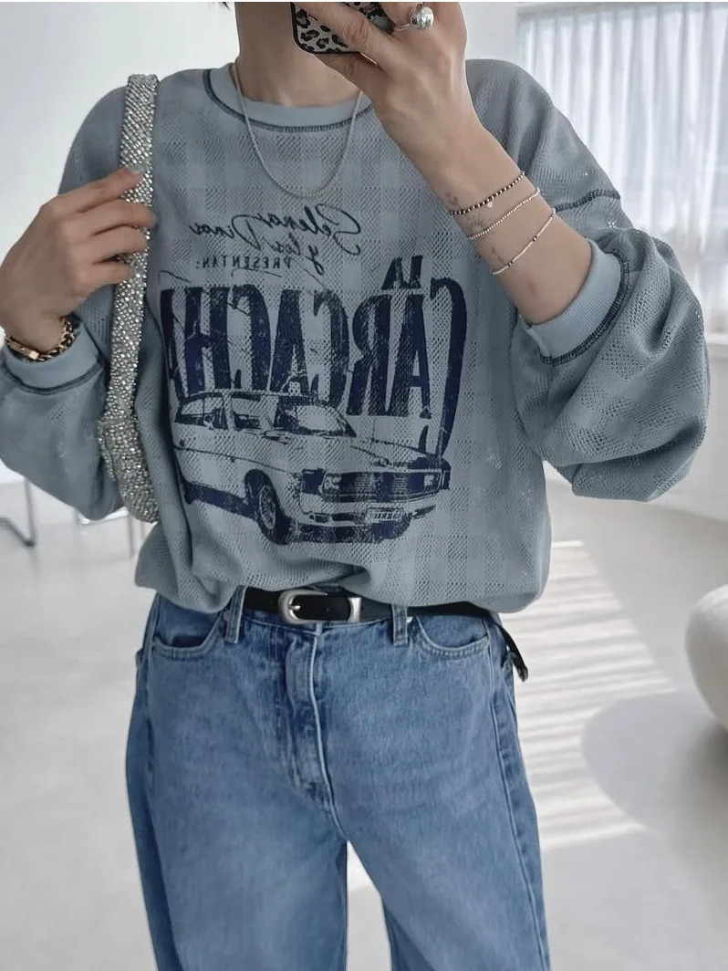 Camiseta Retro redonda Ne Long Sve, capa Base para mujer, diseño con estampado de letras irt, corte holgado, novedad de otoño Sle Chic Sle