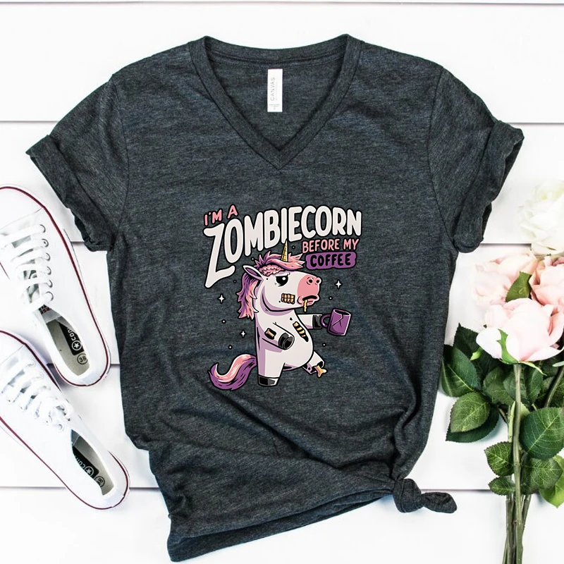 Funny Shirt Print I\'m Zombiecorn Before My Coffee Women Short Sleeves V-neck Cute Unicorn High Street Girl Fashion Trend Shirts