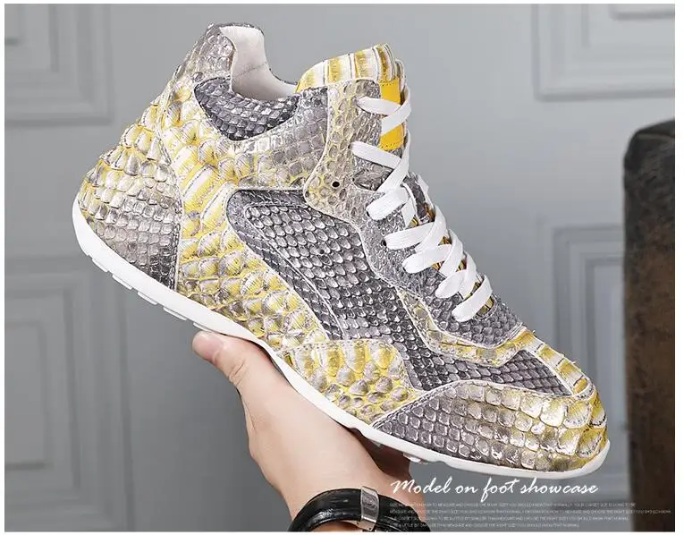 100% Genuine real snake skin yellow gold color men shoe matt python leather men fashion leisure fashion shoe boots