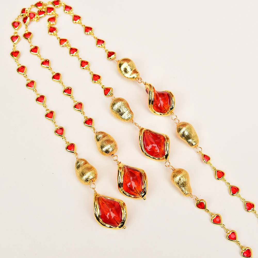 GG 51'' Natural Red Murano Glass Gold Plated Brushed Beads Sweater chain Long Necklace Lady Fashion Jewelry Gifts