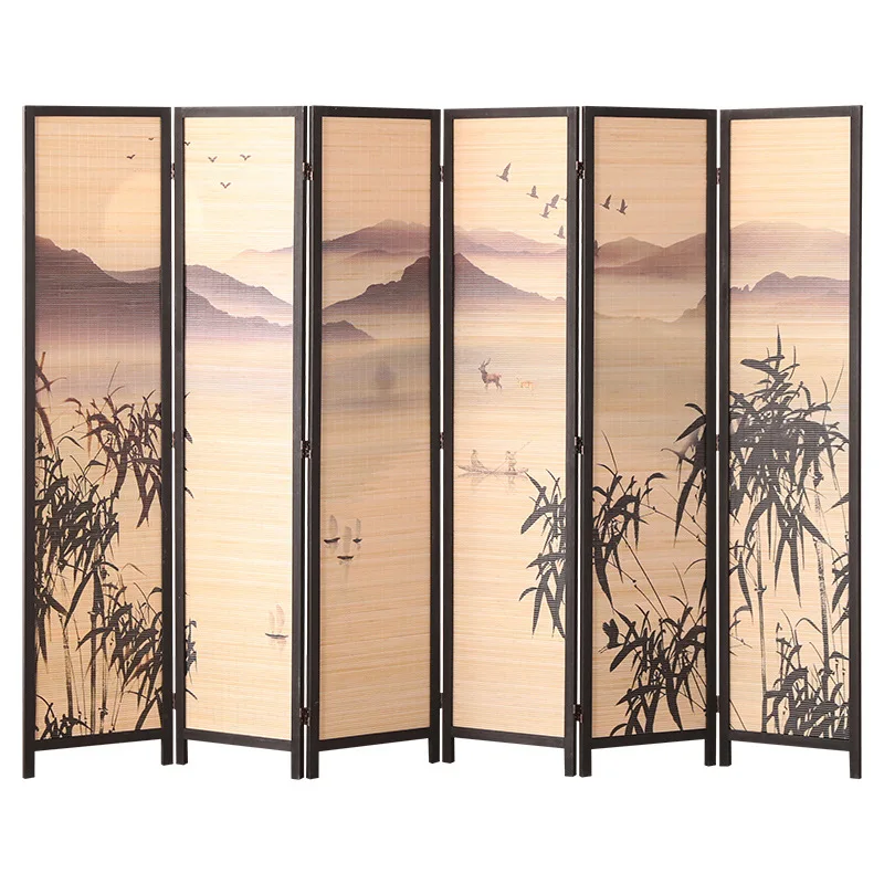 

Solid wood screen partition living room modern Chinese ink painting bamboo folding hotel office double-sided