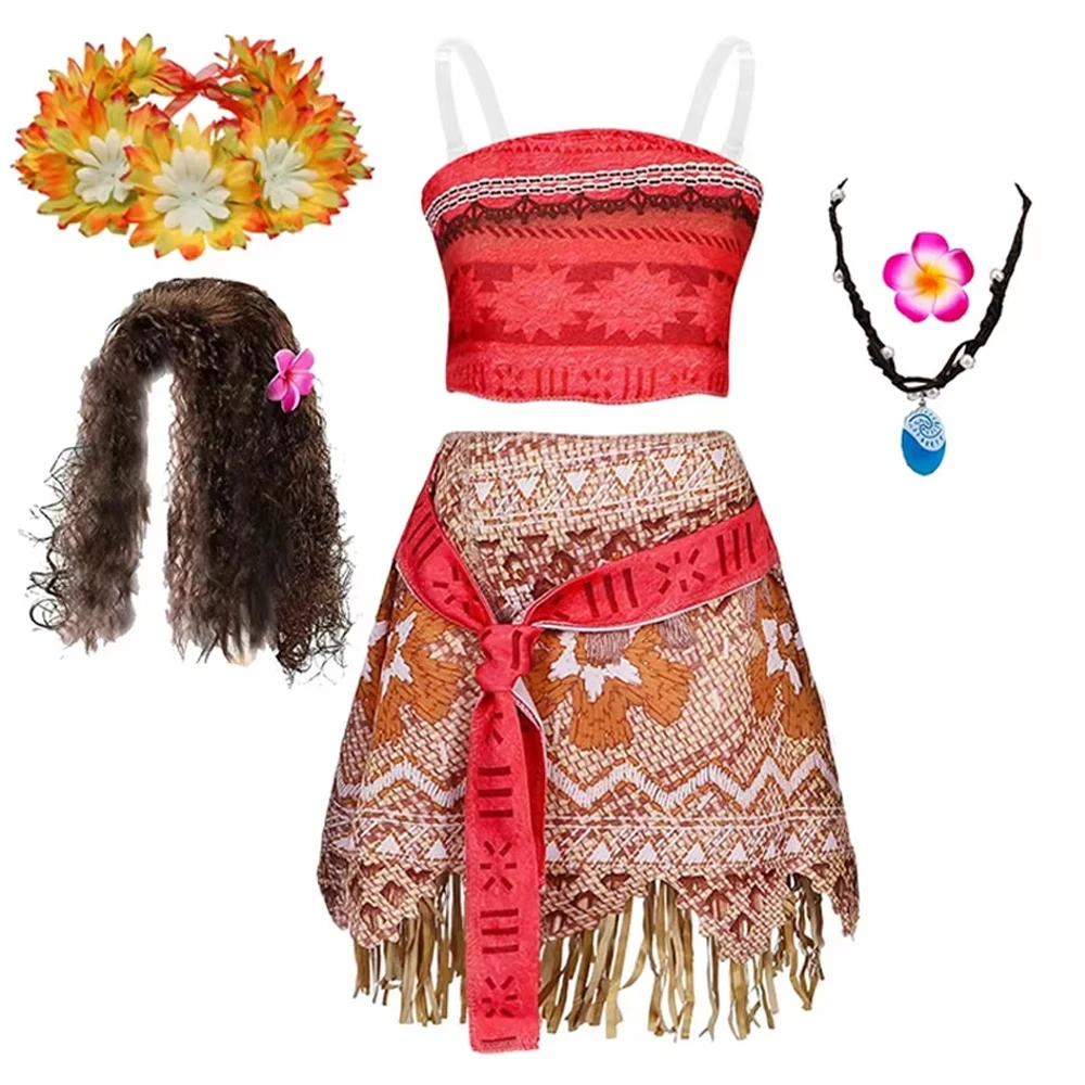 Girls Moana Princess Costume 2Pcs Crop Top Fringe Skirt with Wig Flower Necklace Headband Kids Birthday Beach Cosplay Outfit