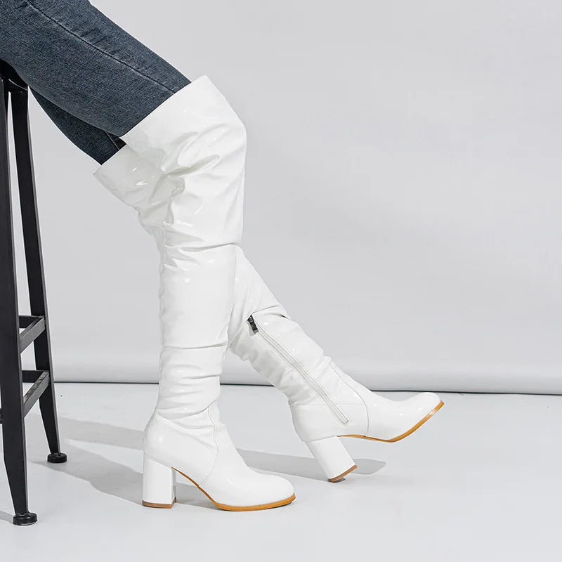 Women's long boots 2026 round headed fashionable patent leather mirror high heels women's long boots