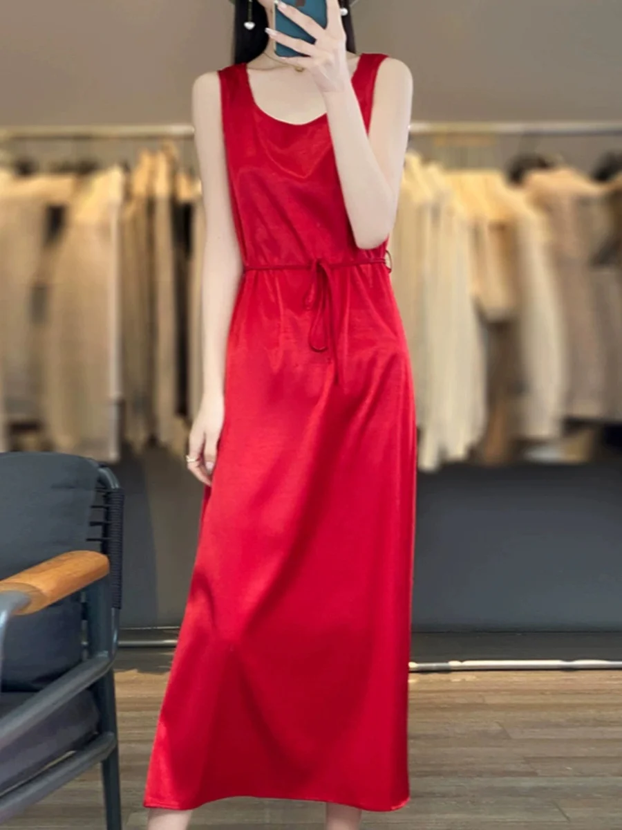 Ele acetato cetim feminino dr com cintura acetada saia longa textura suave com cinto svel solto novo sle