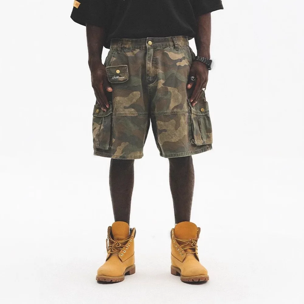 2026 Summer Camo Shorts Men American Style Cargo Pants Washed Vintage Five-Pocket Loose Denim Shorts With Multi Pockets