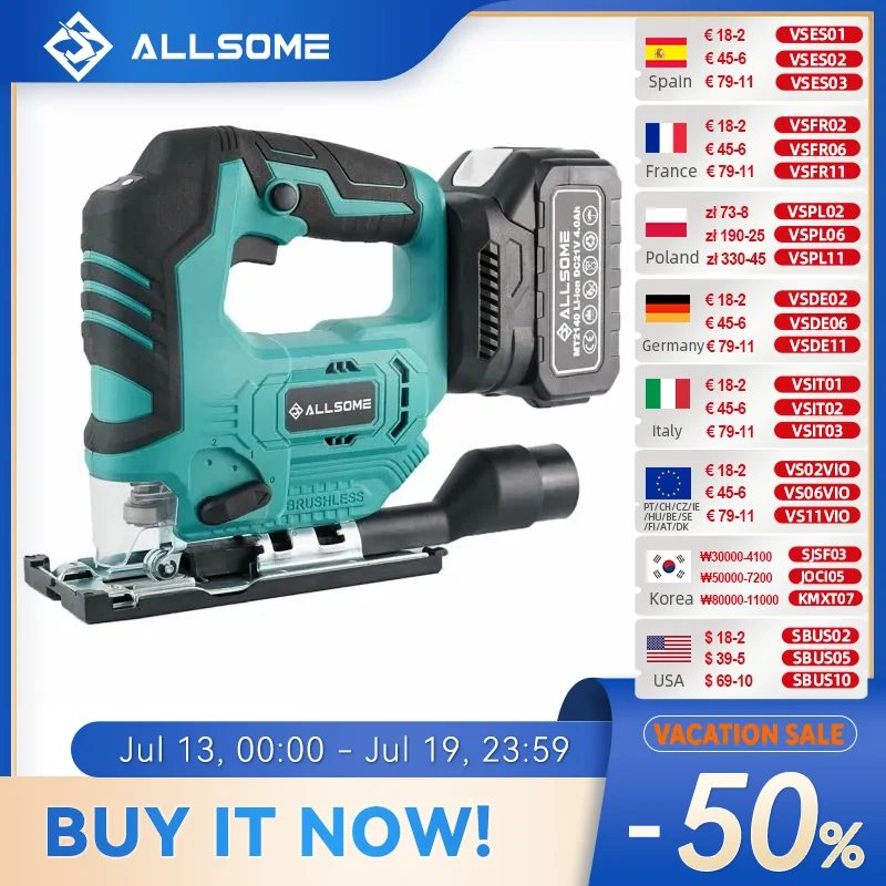 ALLSOME Cordless Variable Speed Jig Saw ±45° Bevel Adjustable Brushless Cutting Machine Power Tool For 18V Makita Battery