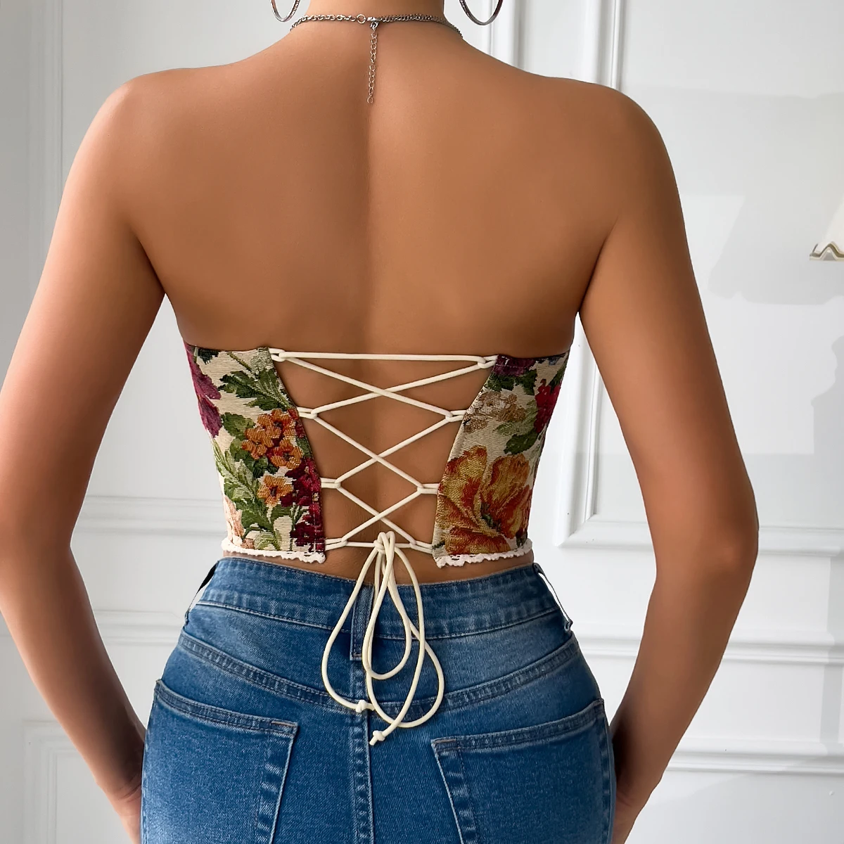 Y2K Retro Street Sleeveless Bare Shoulder Crop Top,Sexy Lace Embroidery Floral Backless Strapless Bandage Vest Fishbone Corset