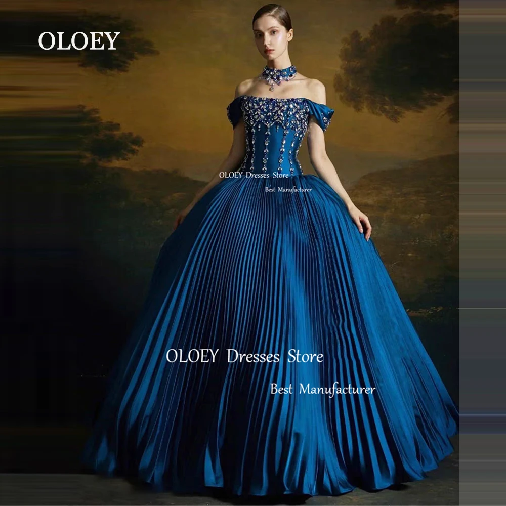 OLOEY-vestido de novia azul oscuro de lujo con bufanda y hombros descubiertos, vestido de fiesta de satén sedoso plisado, largo hasta el suelo, línea CrystalA