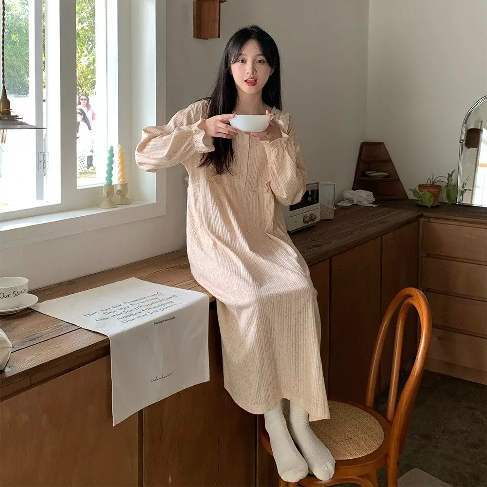 Lace Women Nightgown Korean Sleepwear O-neck Nightwear Print One Piece Pajamas Ruffles Autumn Sleeping Print Night Dress New