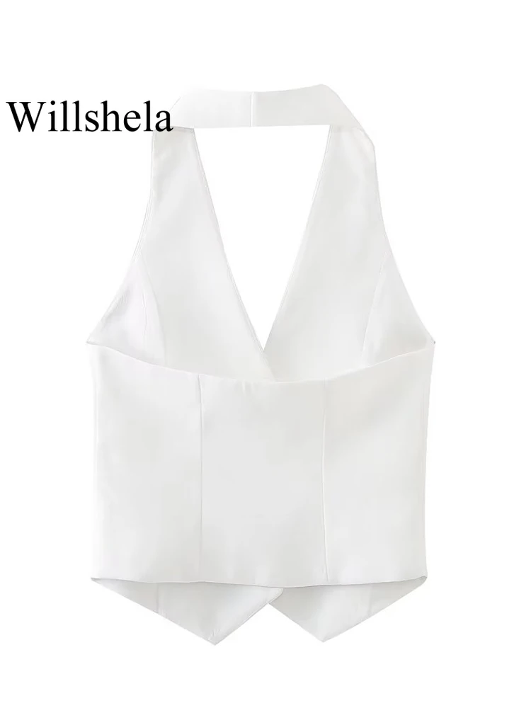 Willshela Women Fashion White Appliques Backless Waistcoats Vintage Halter Neck Sleeveless Jackets Female Chic Lady Tank Tops