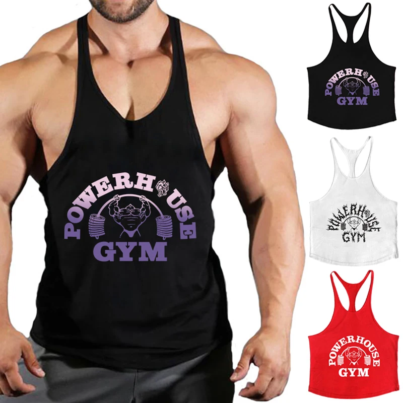 

POWERHOUSE GYM Топы-стрингер с принтом для мужчин, хлопковый спортивный жилет с Y-образной спинкой, футболки без рукавов для тренировок в тренажерном зале, бодибилдинга, футболки