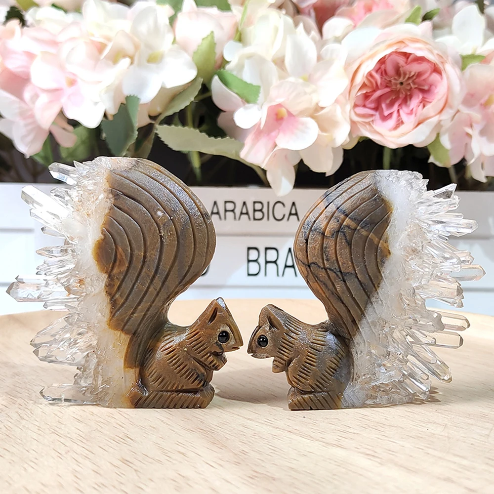 

Natural Crystal Stone Clear Quartz Cluster Small Squirrel Animal Figurines Healing Gemstone Home Decoration Birthday Gifts