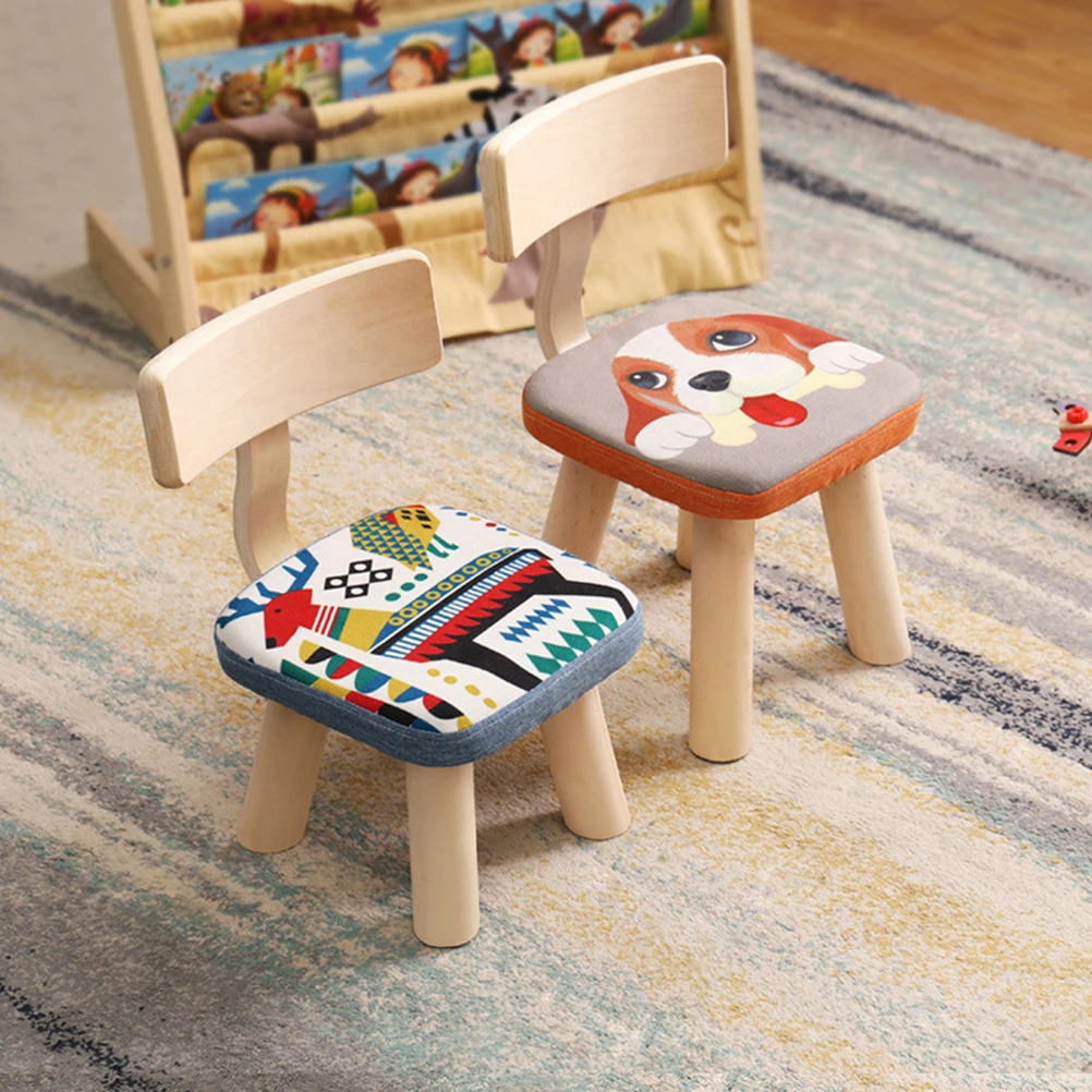 

Lovely Kids Back Chair Children Anti-Fall Stool Puppy Pattern Sturdy Wooden Structure Removable Linen Cotton Cover