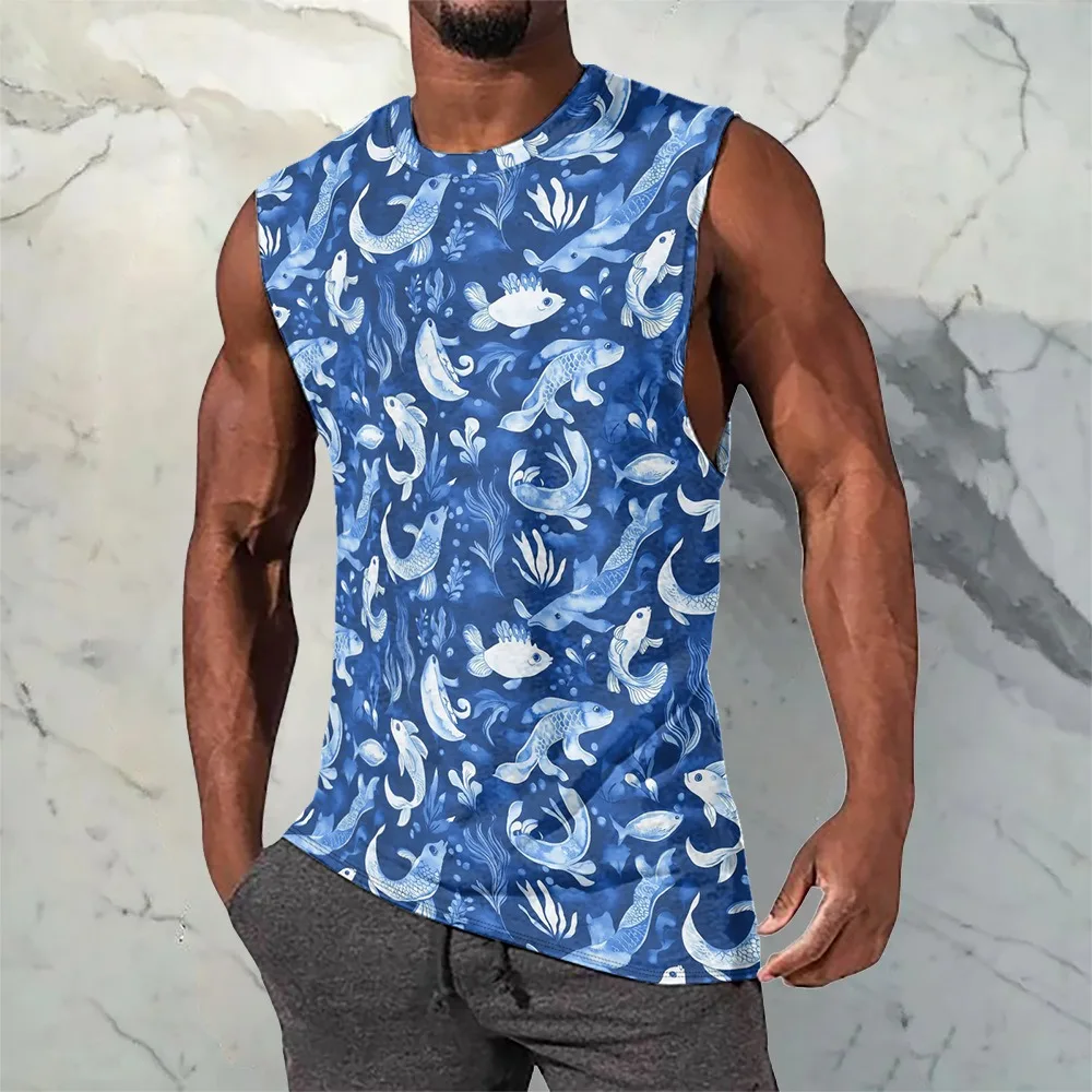 

Deep Sea Fish Pattern Men's Beachwear Vest Summer Classic Breathable Tank Top Stylish Hip Hop Streetwear Sleeveless Beach Tops
