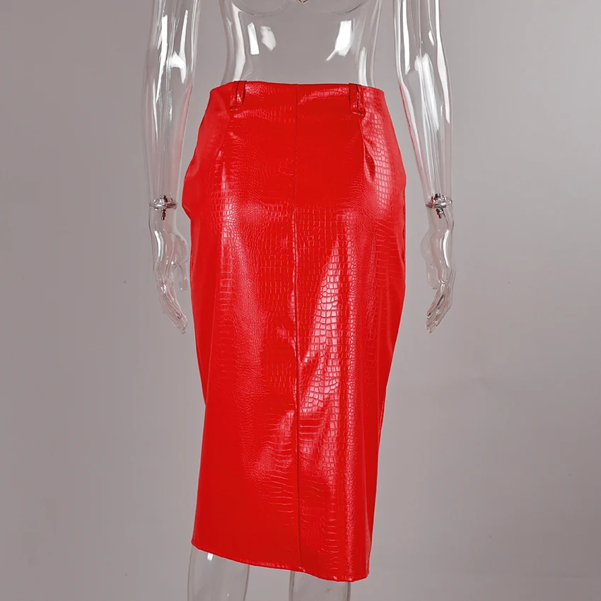 Linad Sexy Red PU Split Skirts For Women Street Chic Slim High Waist Zipper Skirts 2026 Vintage Straight Mid Calf Skirt Female