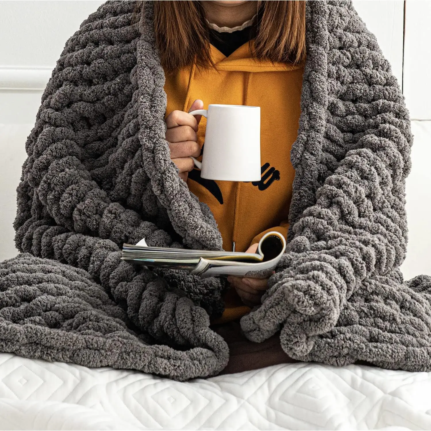 

Chunky Knit Blanket (60X80 Hes) - Soft Knitted Yarn Blanket Large Gray - Handmade Throw Blanket Grey - Crochet Throw Blanket