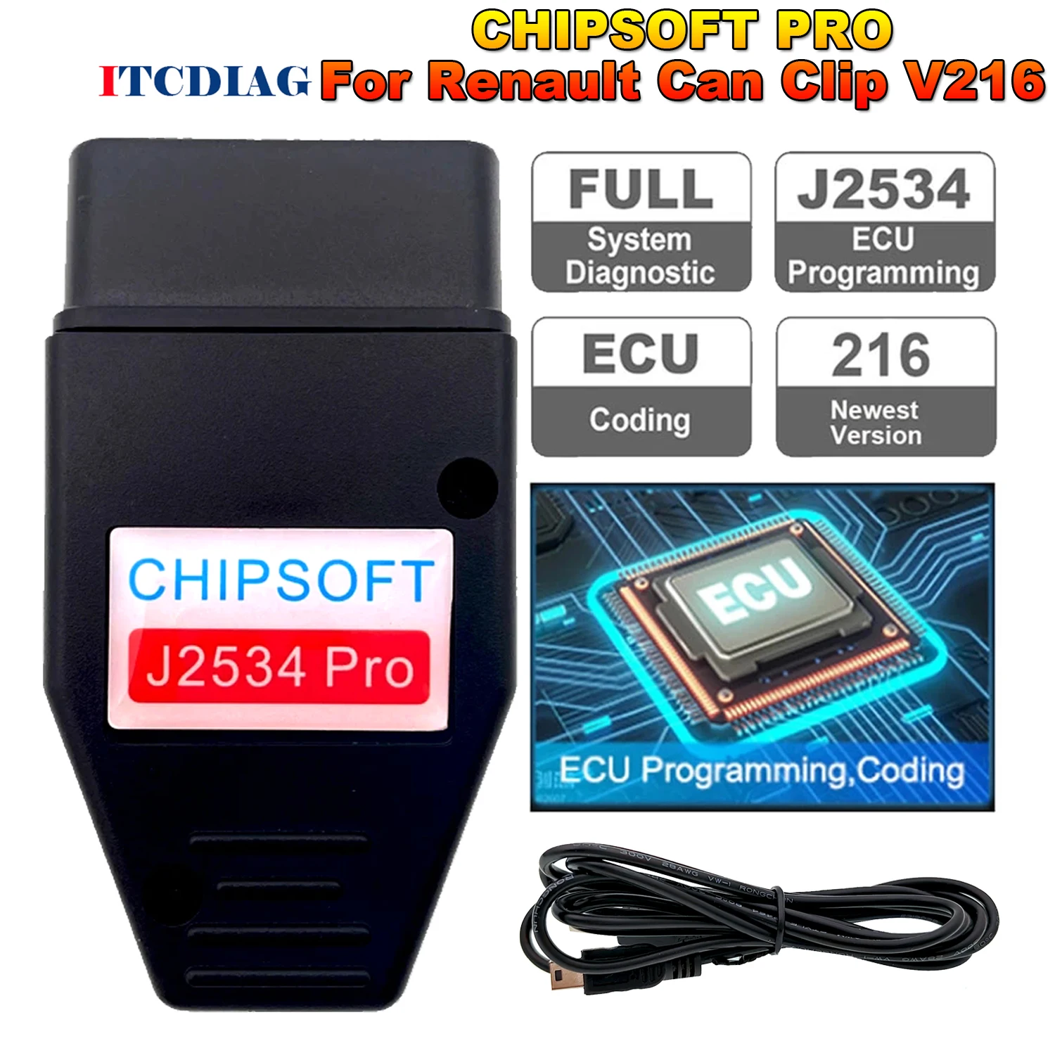 Chipsoft Pro for Renault Can Clip V216 VCI Diagnostic Cable OBD 2 Car Diagnostic Tool J2534 Programming ECU Code Read Clear TPMS