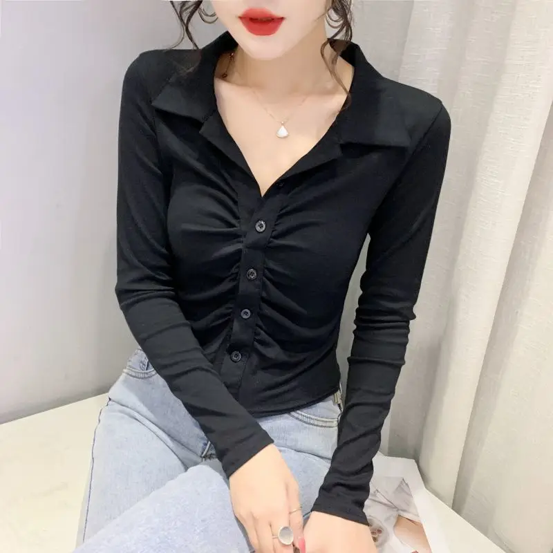 Vintage Casual Sexy Folds Solid Shirt Spring Autumn 2023 Polo-Neck V-Neck Long Sleeve Slim Single Breasted Tops Women\'s Clothing