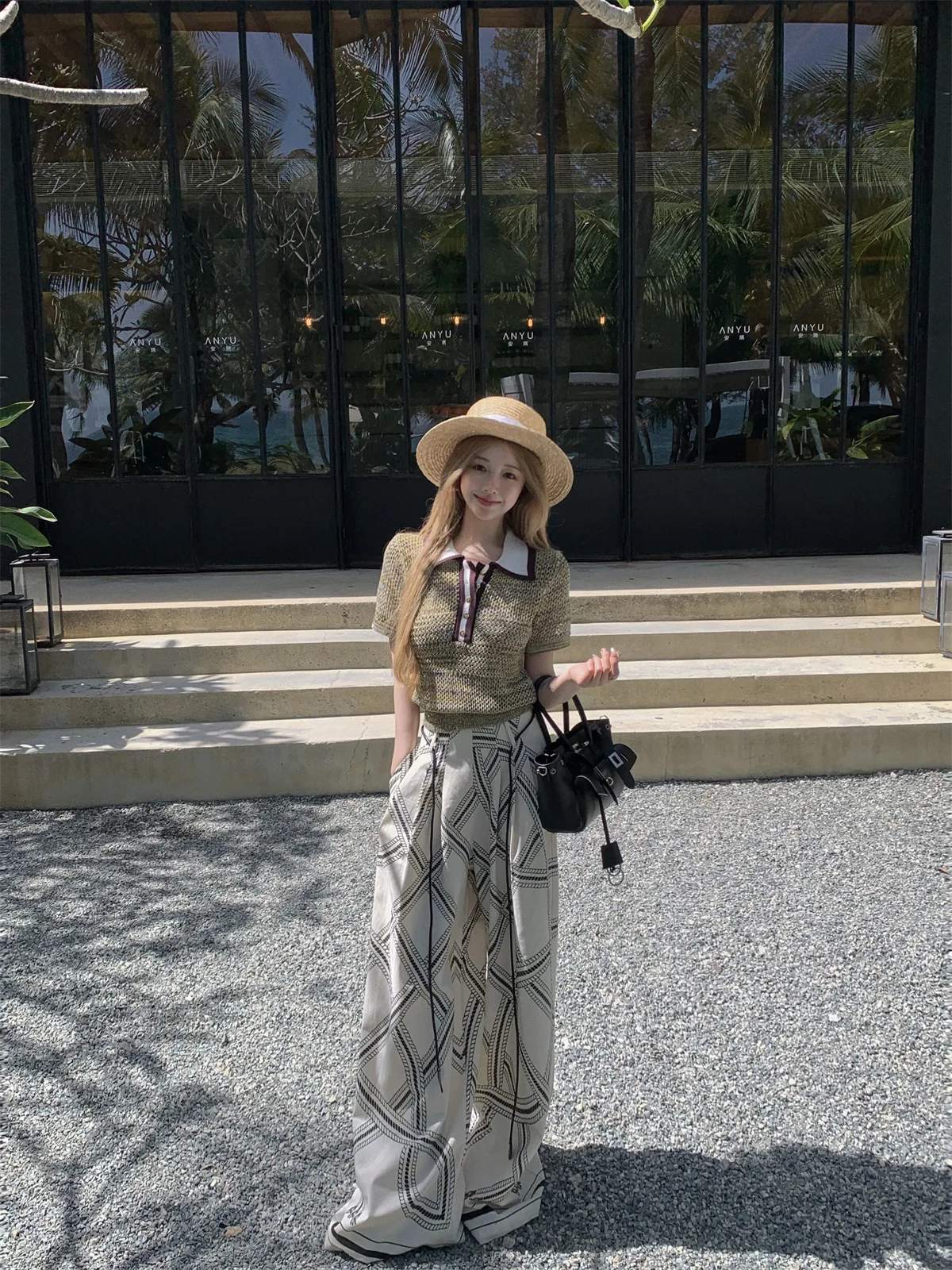 

Kumikumi Women's Knitwear Short Sleeve Loose Drapey Summer Casual Pants Two Piece Set High Waist Wide Leg Pants