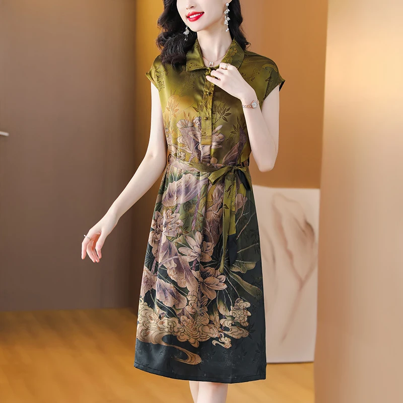 

Female Print Natural Silk Loose Waist Plus Size Dress Women Korean Vintage Casual Midi Dress Summer Elegant Short Sleeve Dress