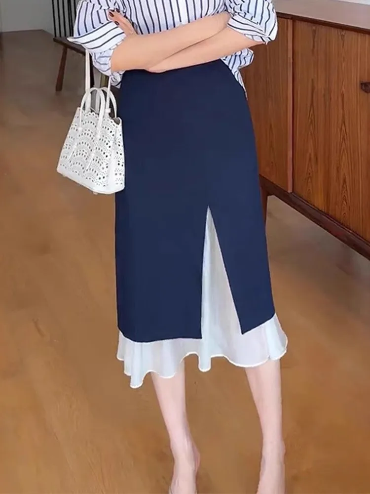 

Elborn Double Layer Split Flared Half Skirt Women's Summer New Office OL Striped Wrap around Straight Leg Skirt Casual Wear