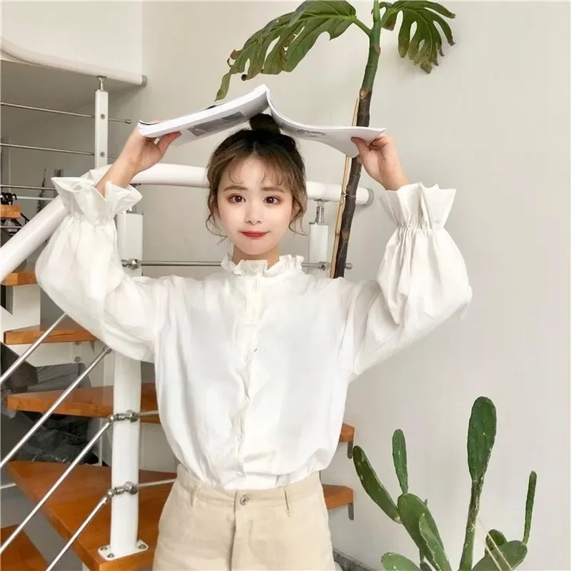 White Blouse Women Shirts Harajuku Clothes Womens Tops and Blouses All Match Flare Sleeve Korean Style New Fashion Ulzzang Chic