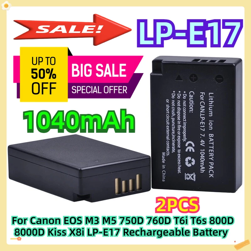 

For Canon EOS M3 M5 750D 760D T6i T6s 800D 8000D Kiss X8i LP-E17 Rechargeable Battery 1040mAh 2pcs