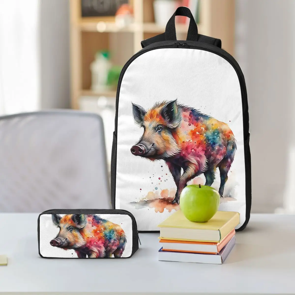 カラフルな水彩画のイノシシのバックパック、男の子と女の子のブックバッグ、スクールバッグ、コンピューターショルダーバッグ、3ps断熱ランチバッグ、ペンケース