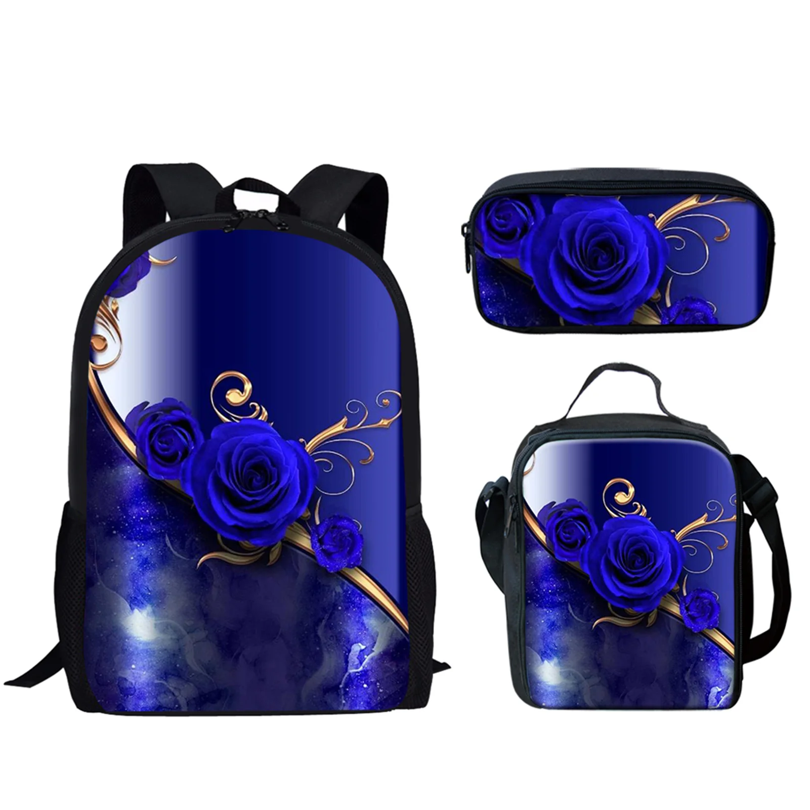 Belidome 3Set borse da scuola per ragazze adolescenti Blue Rose Print zaino da donna Casual Bookbag per studente universitario Mochila Infantil