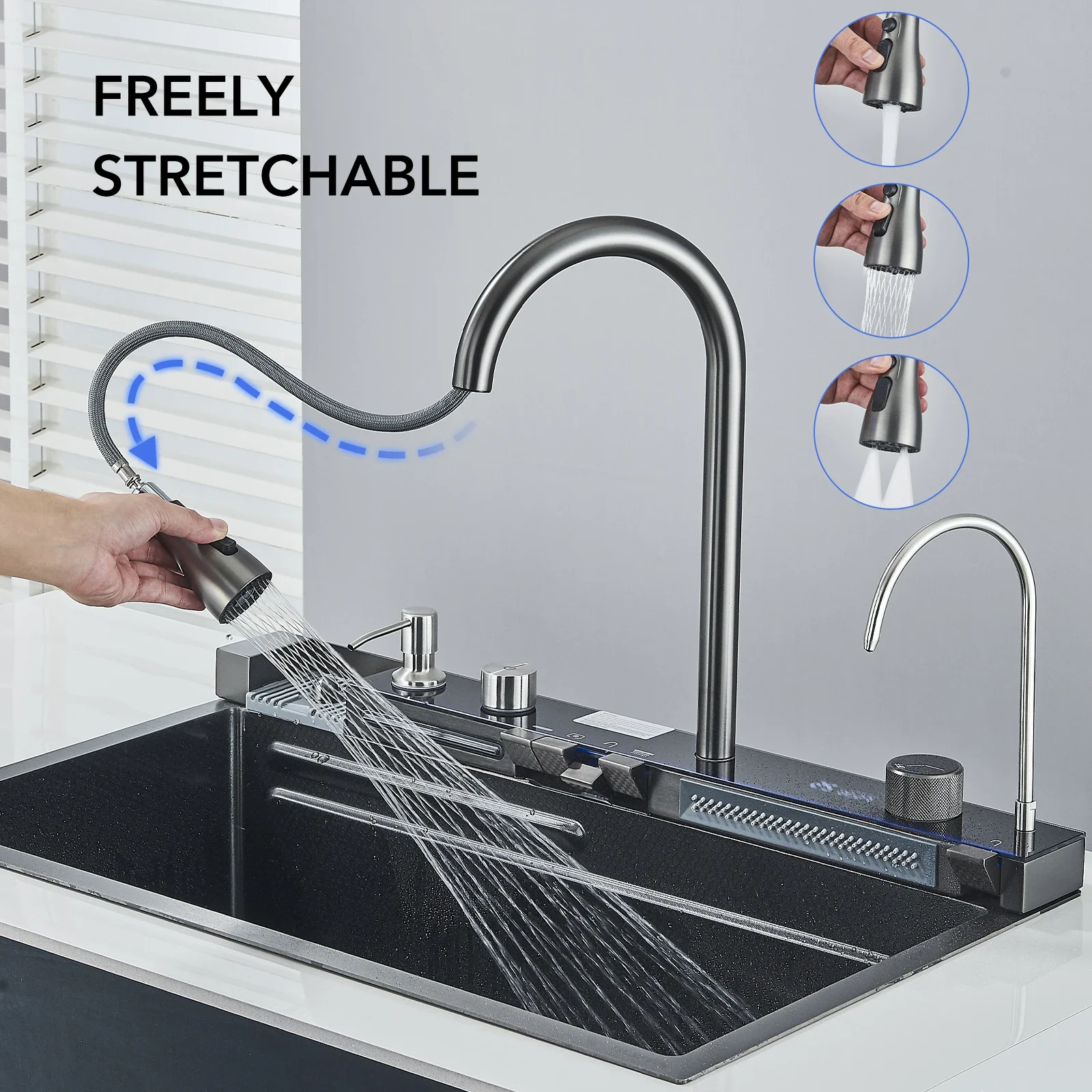 Nano Kitchen Sink 201 Stainless Steel Kitchen Waterfall Sink Digital Display Large Single Sink Dish Basin  With Faucet