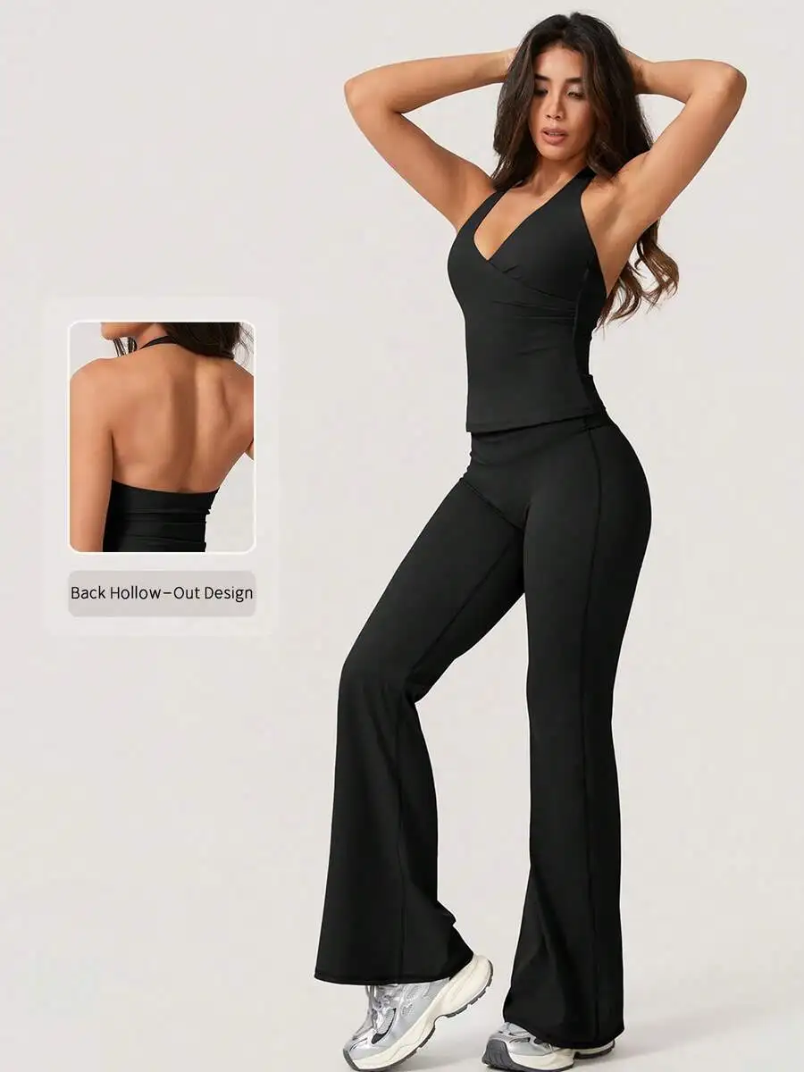

Womens Halter Deep V-Neck Backless Crop Top And Flared Yoga Pants Activewear Set Black